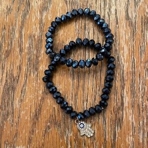 Black Beaded Bracelet Set with Gold Hamsa Charm